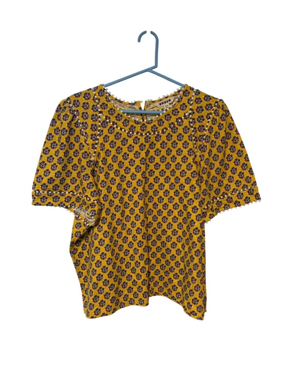 Boden Womens Size 16 18 Short Sleeve Yellow Blouse Shirt Top Paisley pom pom tri